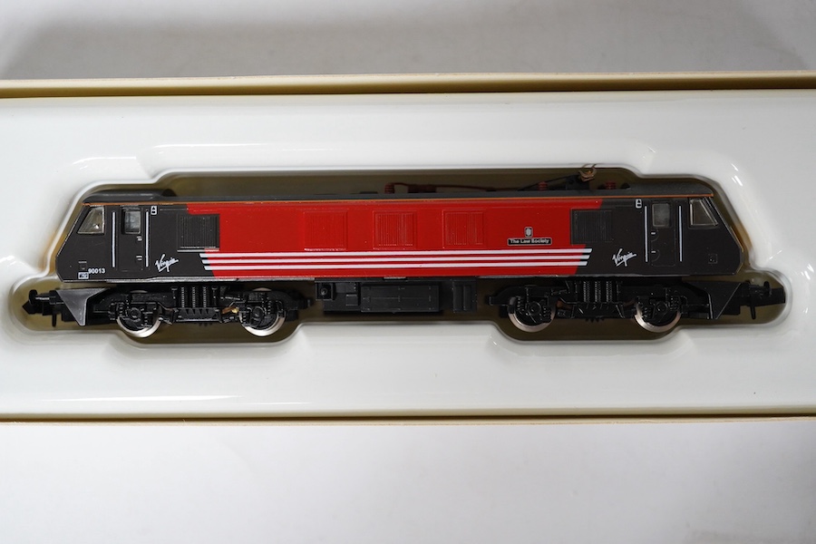 Three boxed Graham Farish N gauge railway Class 90 electric locomotives; BR 90022 Freight connection (8828), Virgin 90013 The Law Society (882A) and Rail Express 90019 Penny Black (8825). Condition - good.